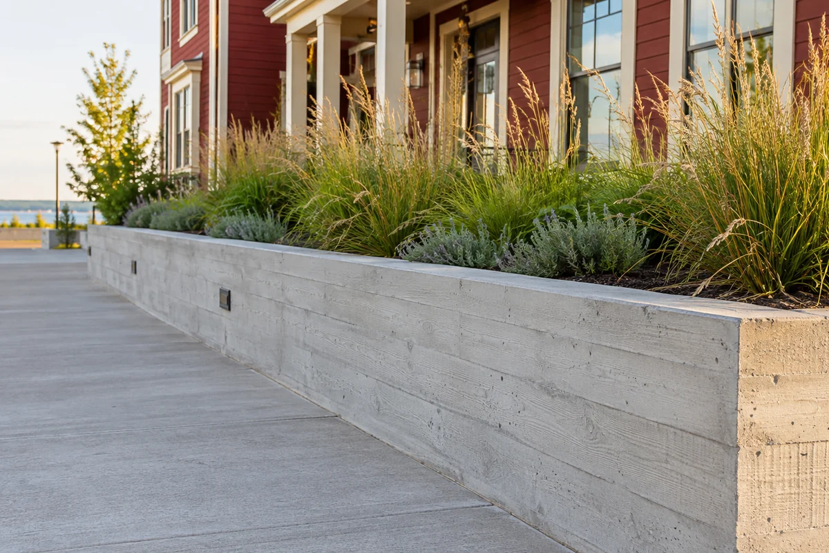 Illustration of a concrete retaining wall along landscaped commercial grounds