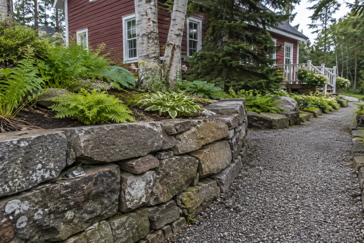 Illustration of a natural stone cottage terrace with a garden path and informal planting