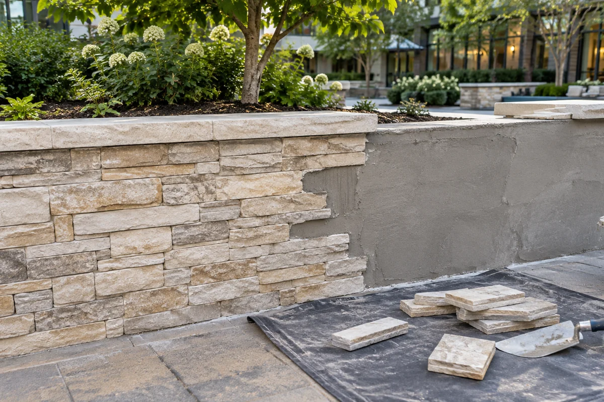 Illustration of manufactured stone veneer being applied to a prepared structural wall