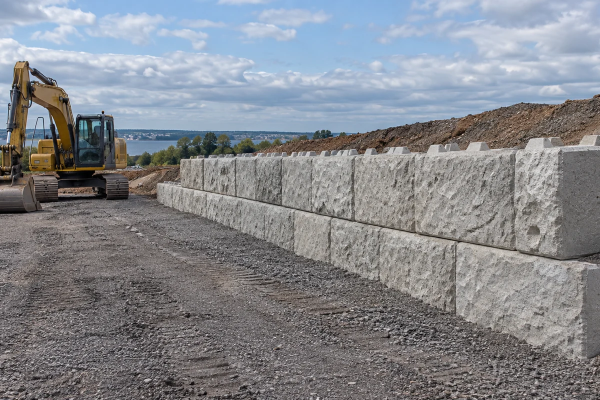 Illustration of large machine-set concrete blocks and an excavator at a retaining wall worksite