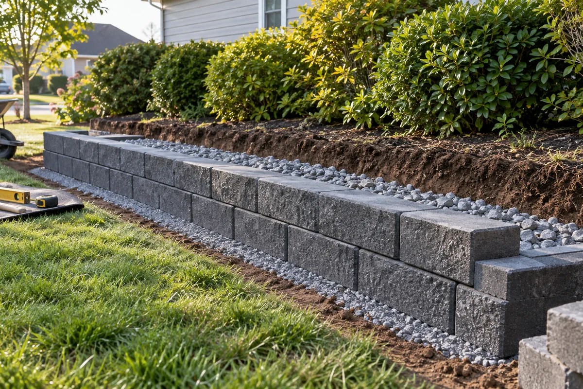 Illustration of a low retaining wall being rebuilt on a newly prepared base