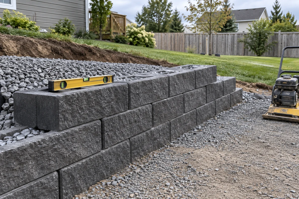 Illustration of staggered concrete wall blocks with drainage aggregate during construction